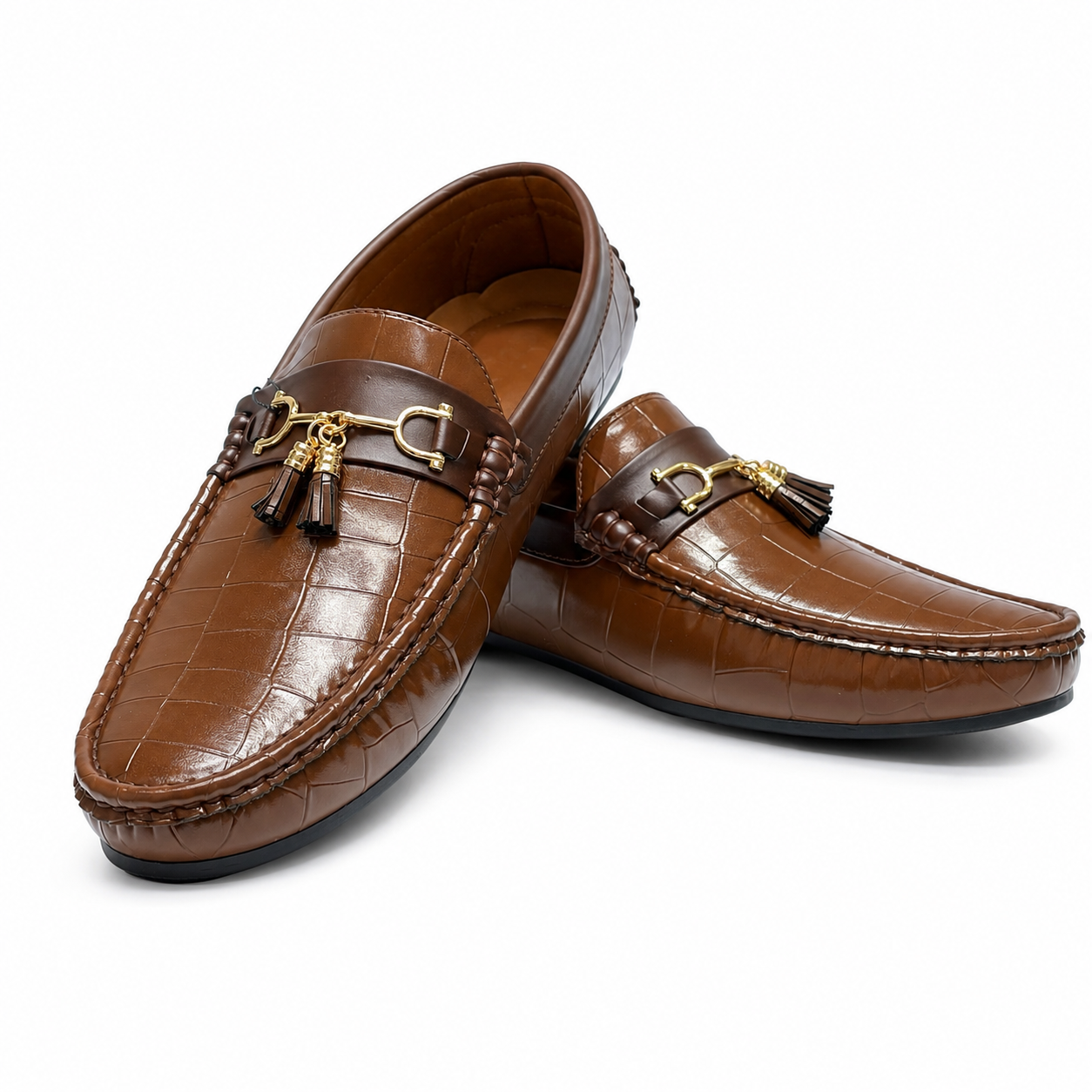 Premium Brown Crocodile-Textured Tassel Loafers