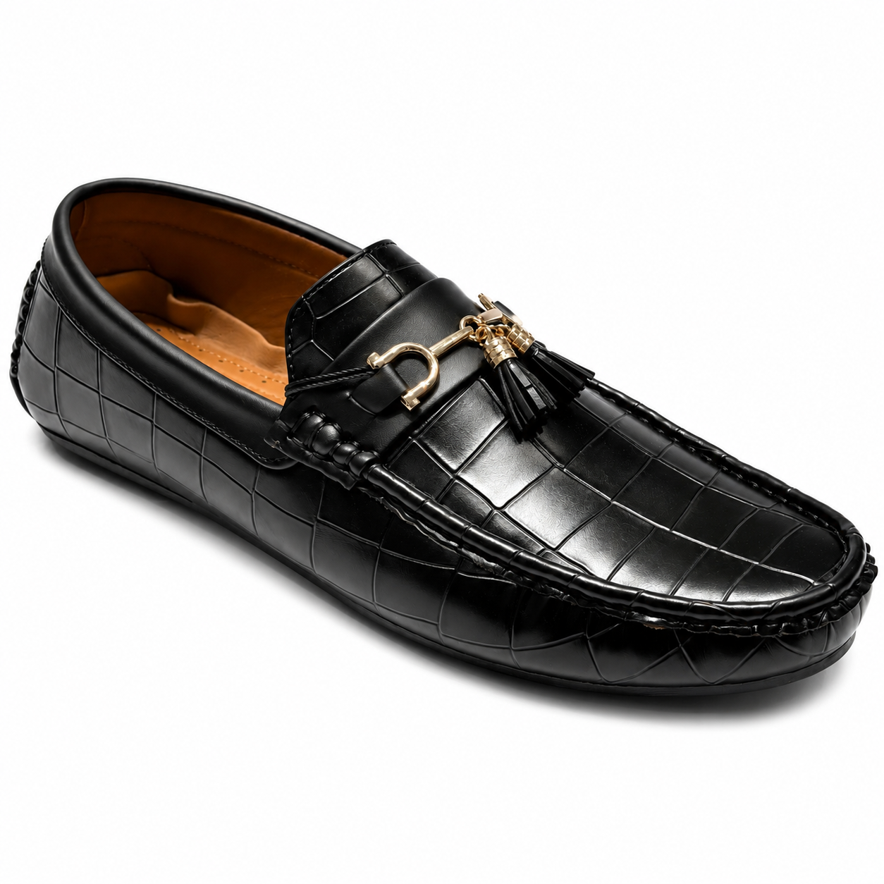 Luxury Black Crocodile-Textured Gold Horsebit Tassel Loafers