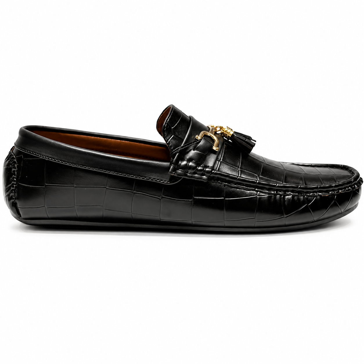 Luxury Black Crocodile-Textured Gold Horsebit Tassel Loafers