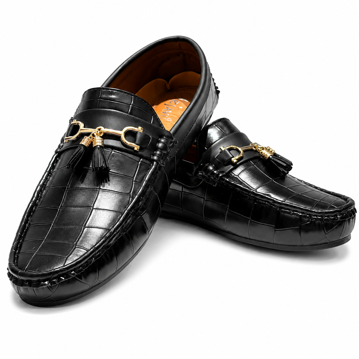 Luxury Black Crocodile-Textured Gold Horsebit Tassel Loafers