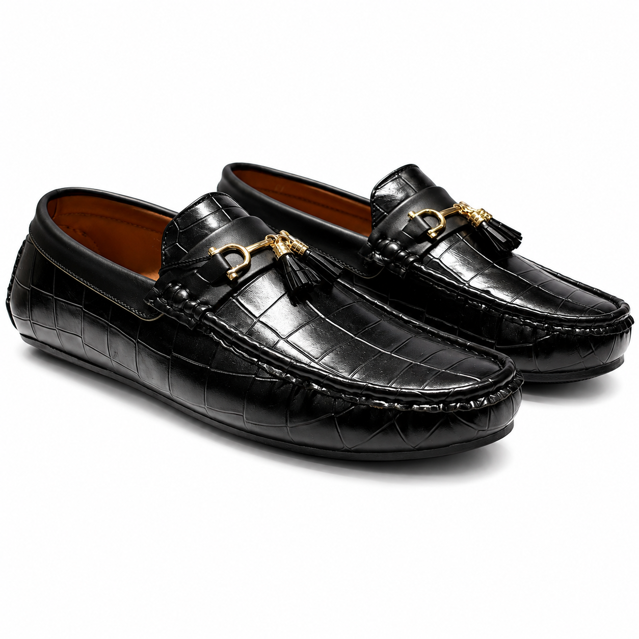Luxury Black Crocodile-Textured Gold Horsebit Tassel Loafers