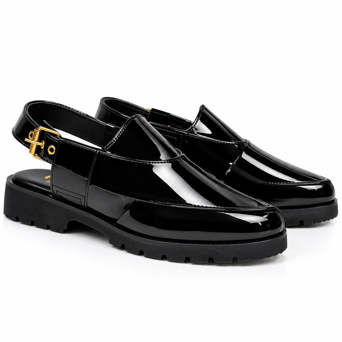 Premium Glossy Black Slingback Pishawri Chappal