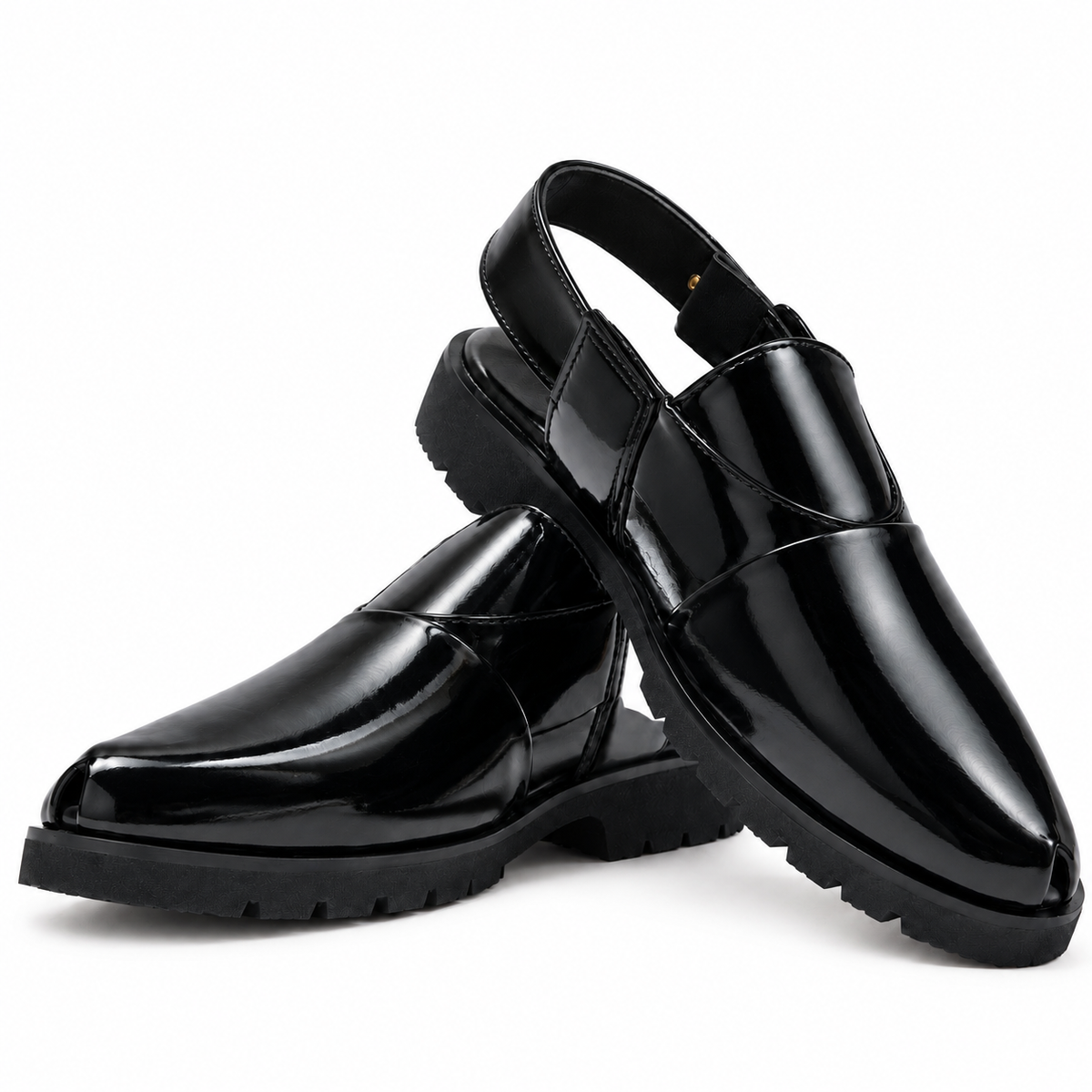 Premium Glossy Black Slingback Pishawri Chappal